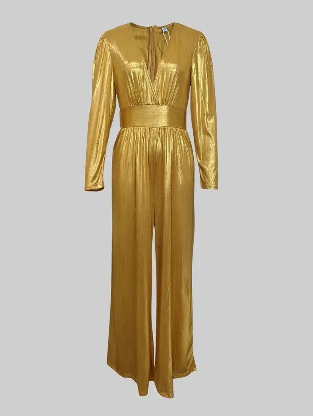 Women's Shiny Deep High Waist Wide- Jumpsuit - Elegant Three-Quarter Sleeve Body - Picture 7 of 8